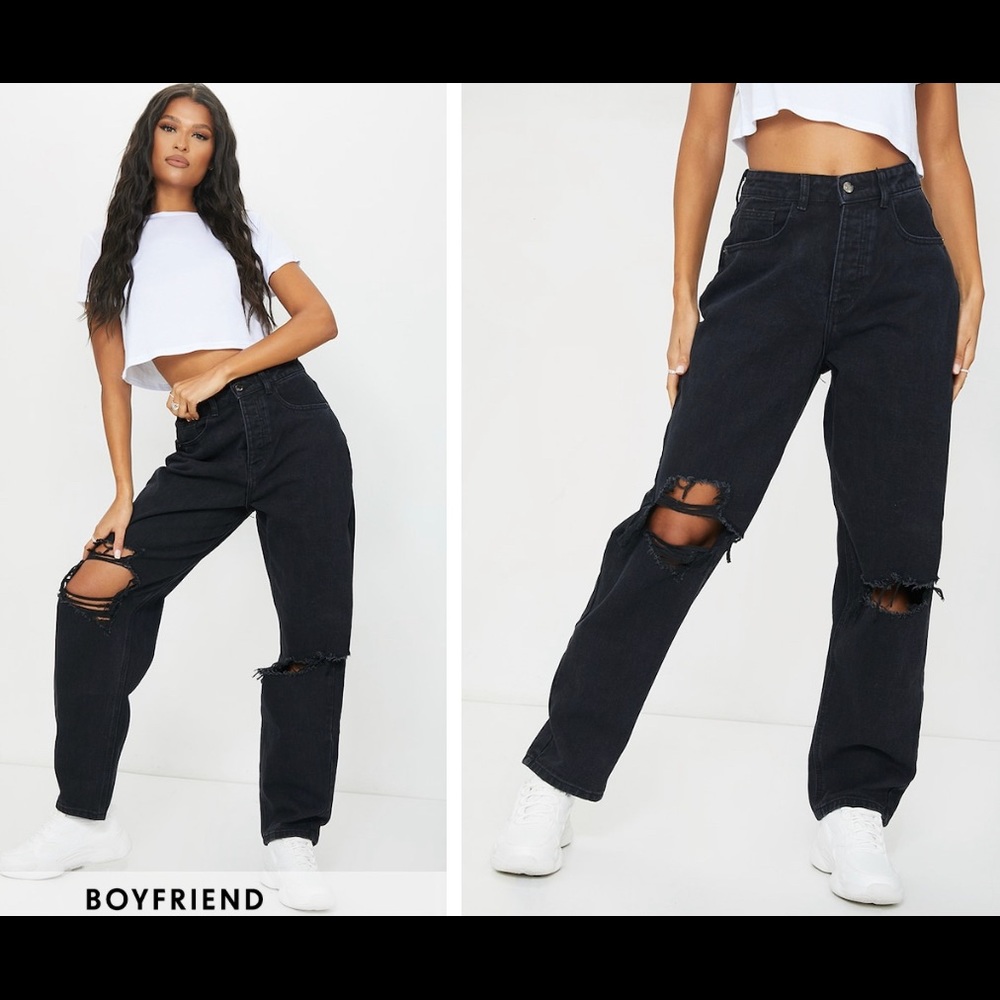PRETTYLITTLETHING Washed Black Knee Rip Boyfriend Jeans